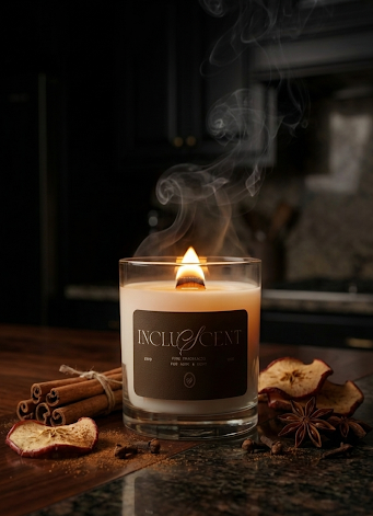 A lit wooden wick candle in a luxury kitchen. The candle has apple slices and cinnamon surrounding it. 