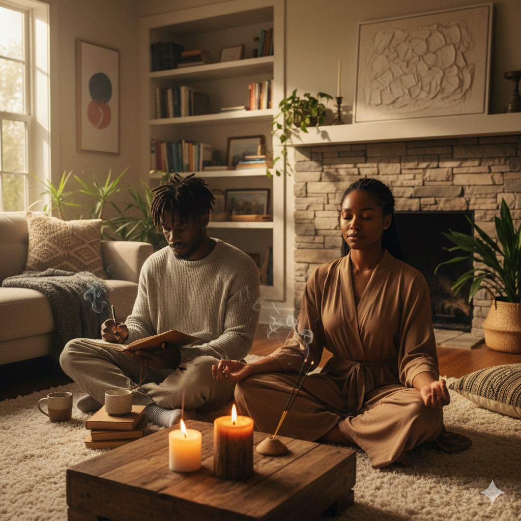 Black couple journaling and meditation with candles and incense burning In their cozy living room