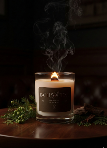 burning candle with a wooden wick is surrounded by juniper sprigs and wood 