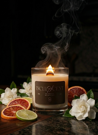 Wood wick candle that is surrounded by orange and lime slices and a gardenia flower. 