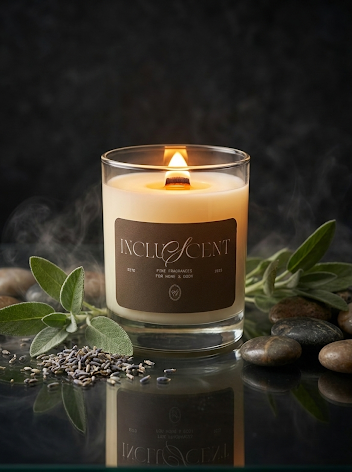 Lit wooden wick candle that has a teardrop flame, is surrounded by sage and lavender springs 