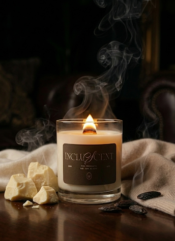 IncluScent Wooden Wick candle burning with pieces of coco butter, tonka beans and cashmere surrounding it. 