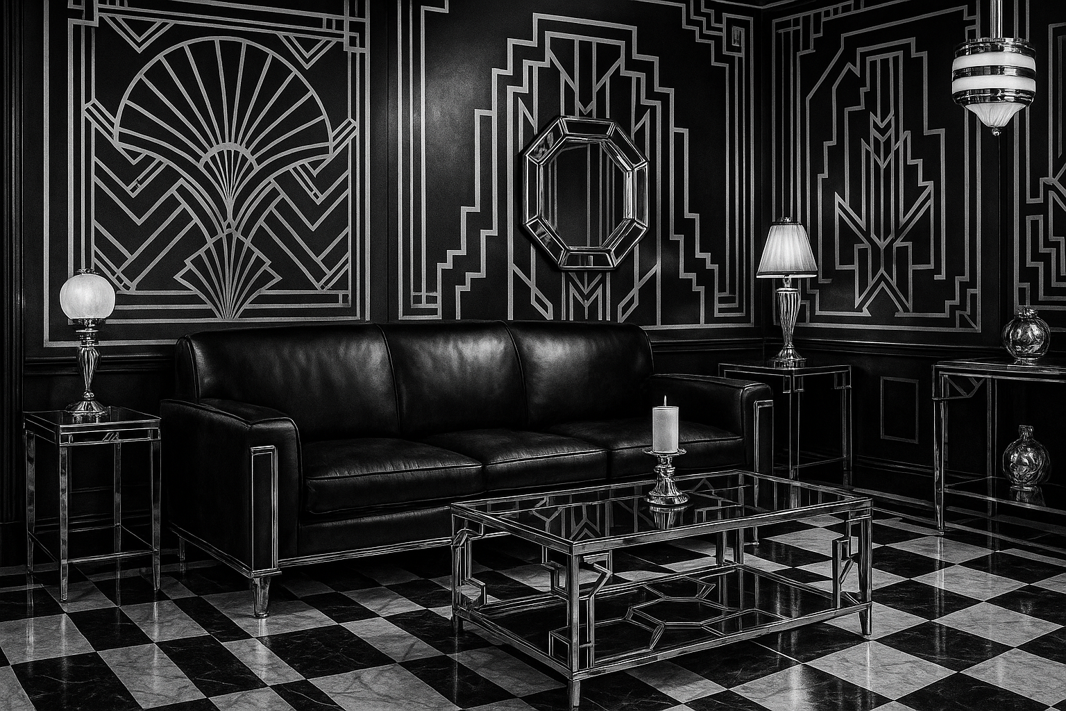 A black and white living room that has art deco decor. It has a sofa and a table with a candle on it. 